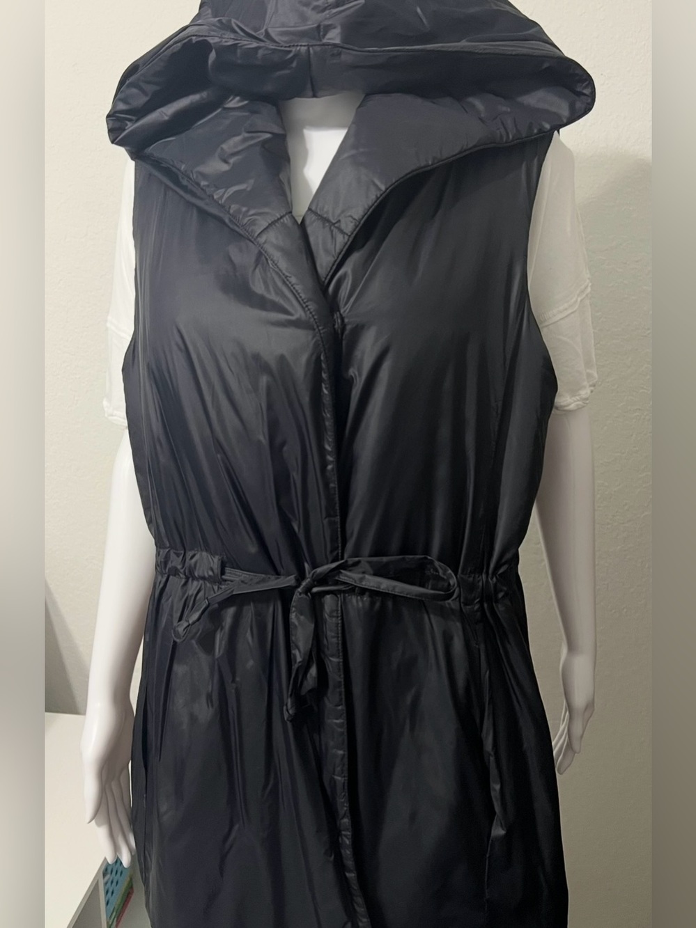 Eileen Fisher Black Hooded Long Vest Belted Recycled Nylon Size L